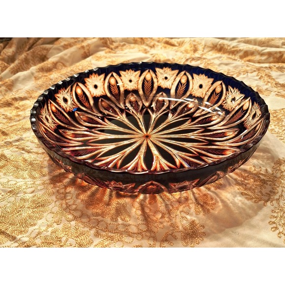 Vintage Czech Bohemian Cut to Clear 12.5" Bowl Feather Pattern Brown Orange - Picture 11 of 16